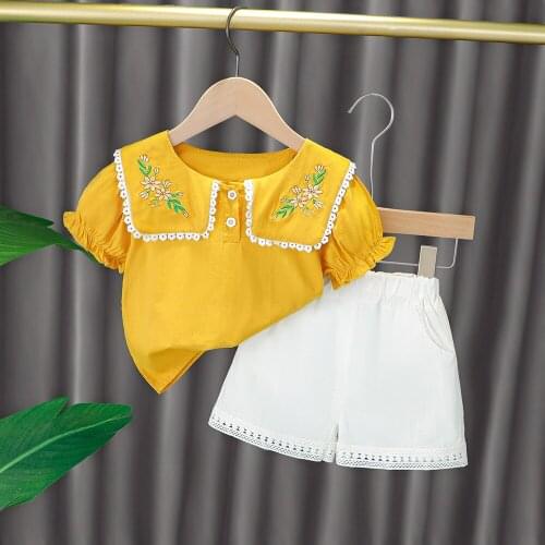 Baby Girl Outfit Toddler Girls Clothing Summer Fashion Flower Embroidery Sweet Lace Lapel Top Short Sleeve Shorts 2-piece Set