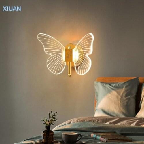 Creative Butterfly Shape Acrylic Wall Lights for Bedroom Bedside 3 Color Temperature Nordic Gold Decorative Wall Lamp LED Indoor