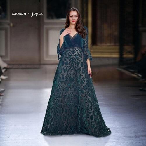 Lemon joyce Muslim Evening Dresses Long Sleeves Sexy V-neck Backless Formal Evening Gownss Plus Size robe de soiree