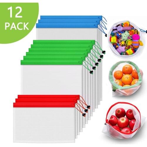 12Pcs Reusable Mesh Produce Bags Washable Eco Friendly Shopping Grocery Bag With Drawstrings For Fruit Vegetable Toys Storage