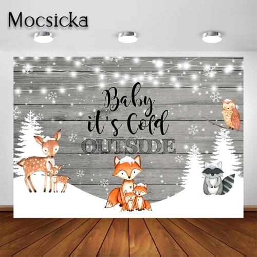 Mocsicka Baby Its Cold Outside Backdrop for Kids Birthday Party Rustic Wood Winter Woodland Animals Baby Shower Background