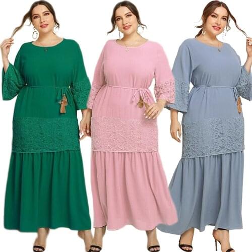 Muslim Women Long Dress Lace Patchwork Abaya Party Evening Arab Turkish Middle East Ramadan Islamic Clothing Kaftan Plus Size