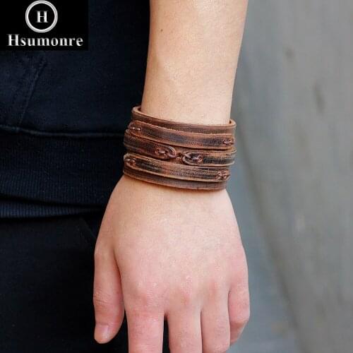 Men Leather Bracelets Wide Solid Color Korean Style Genuine Leather Brown Wrap Bracelets Adjustable Wristbands Retro Bracelet