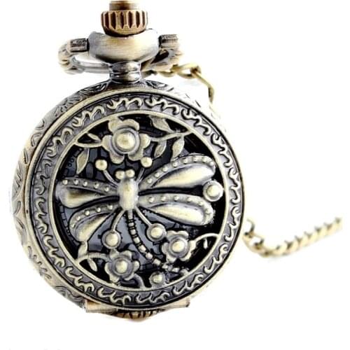 New Bronze HOLLOWED DRAGONFLY POCKET WATCH woman chain necklace Women dress watch Vintage Fashion