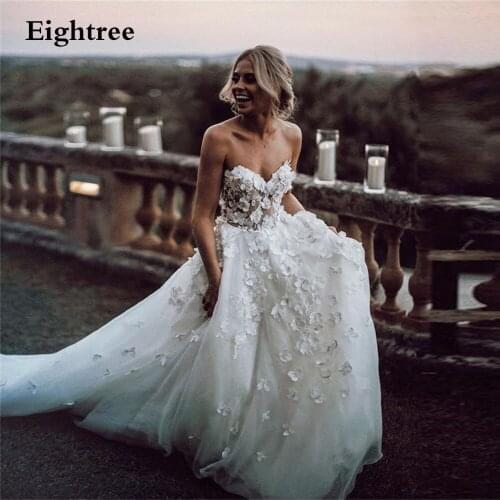 Eightree Charming Sleeveless Long Wedding Dresses 3D Flower Appliques Boho Bride Gowns Beach A-Line Customized Marriage Dress