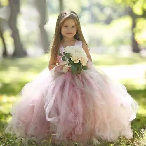 Girl Dress Princess Pink Flower Girl Dresses Beautiful Grey Pink Children Girl Flower Dresses for Girls 1-9 year