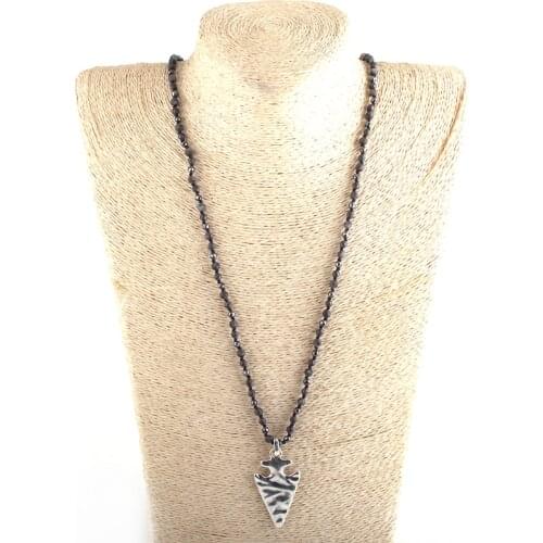MD Fashion Bohemian Tribal Jewelry 4mm Semi Precious Stone Hematite Long Knotted Metal Arrowhead Pendant Necklaces