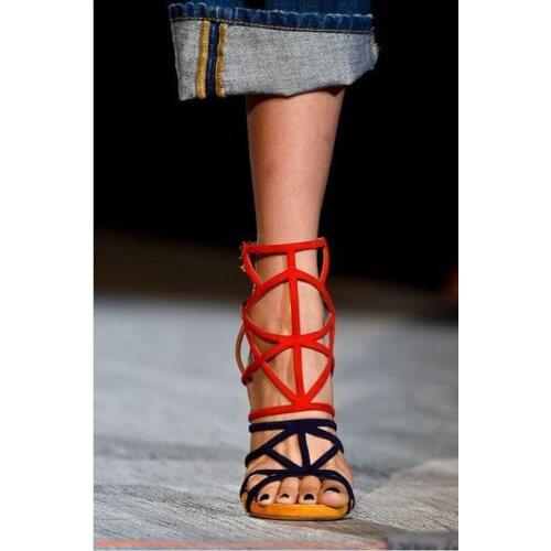 New Multi Geometric Straps Cutout Thin Heel Sandals Suede Strappy Buckles Peep Toe Gladiator Shoes Runway Mixed Colors Sandals