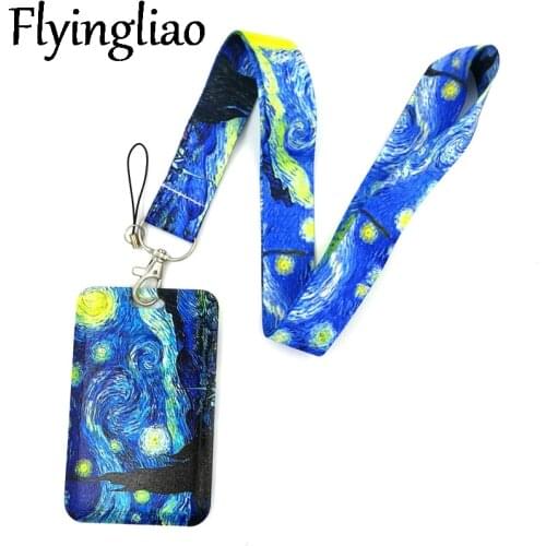 Van gogh Oil painting Starry Lanyard Credit Card ID Holder Bag Student Women Travel Card Cover Badge Car Keychain Decorations