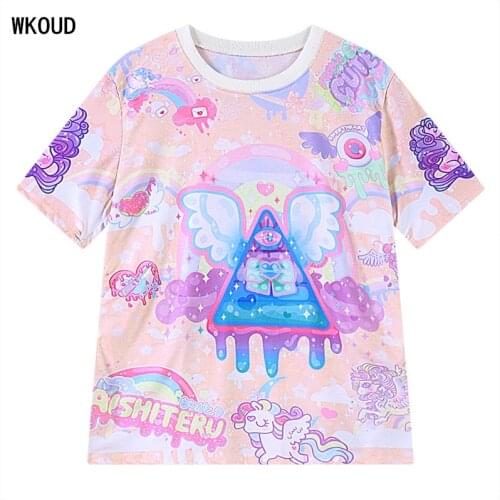 WKOUD College Style T-shirts For Gril Harajuku Short Sleeve Printing T shirts New Fashion Loose O-neck Tops Tees T1817