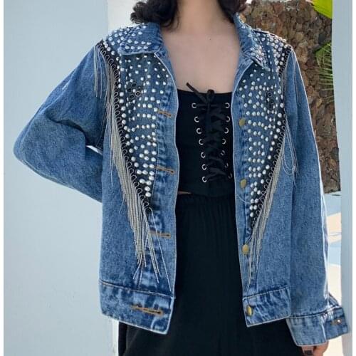 Short Heavy Industry Denim Jacket Female Autumn Winter New Loose Beaded Diamond Tassel Jeans Jacket Coat Women Plus Size Outwear