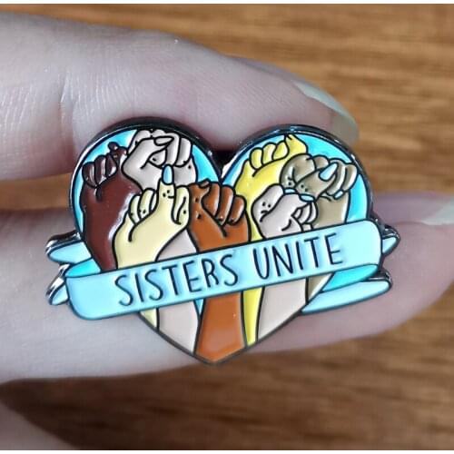 Women Power Sisters Unite Badges Feminism Love Letter Pins Outstreched Hands on Heart Shape Brooches