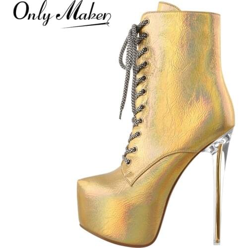Onlymaker High Heels Boots For Women Inner Platform Patent Leather Lace Up Ankle Boots Transparent Metal Heels Booties Zipper