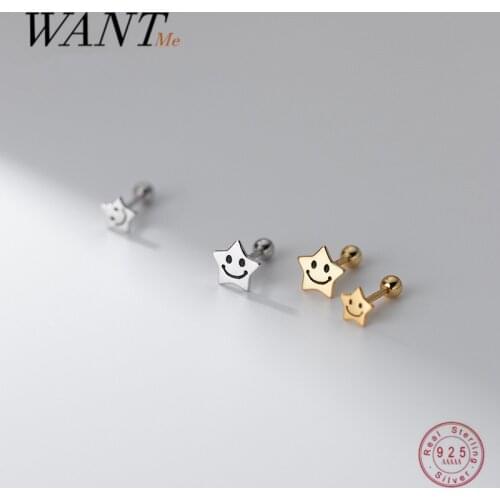 WANTME 925 Sterling Silver Lucky Star Happy Smile Stud Earrings for Women 18k Gold Plated Simple Rotating Bead Piercing Jewelry