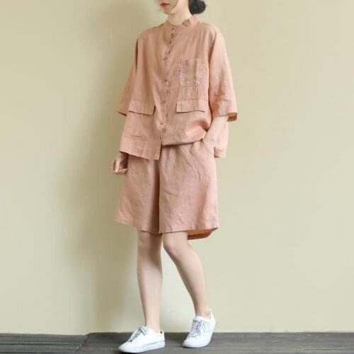 Large Size Womens Loose Short Sleeve Linen Shirt And Shorts Set Two Piece Solid Color Casual Tops Capri Pants Summer Suit zh668