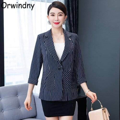 Orwindny 4XL Plus Women Fashion Office Wear Single Breasted Blazers Coat Striped Female Outerwear Suit Coat Slim Notched Clothes