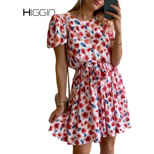 Floral Print Belt Dress For Women Short Sleeve O-Neck Summer A-Line Dress Casual Elegant Slim Female Dress Street Clothing