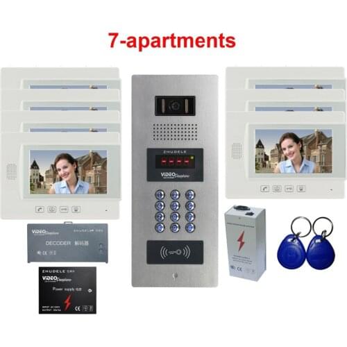 ZHUDELE New Top Quality Home Security Intercom System 7"Video Door Phone For Building 7-Apartments w/t ID Card&Password Unlockin