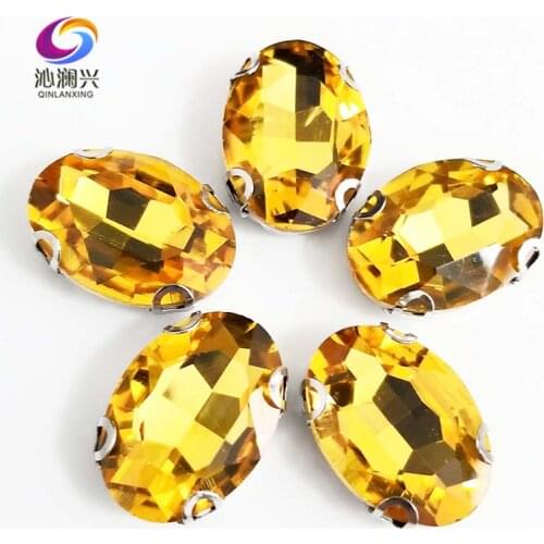 Golden yellow oval shape Glass Crystal flatback sew on D shape Anti hook claw rhinestones,Diy/Clothing accessories SWTD19