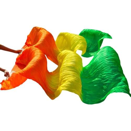 100% Silk Bamboo Ribs Dance Long Fans Dancing Accessories Silk Fans Handmade Dyed 1 Pair Belly Dance Fans Orange+Yellow+Green