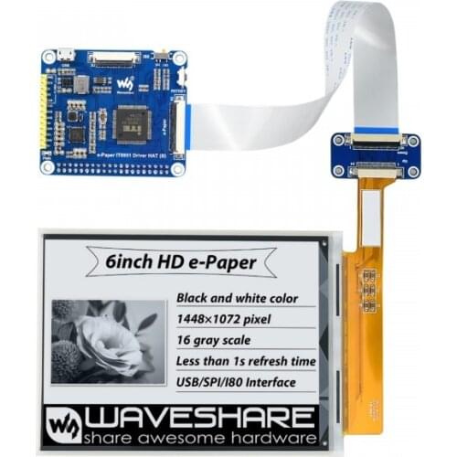 1448×1072 High Definition,6inch E-Ink Display HAT For Raspberry Pi,Black/White,16 Gray Scale,USB/SPI/I80 Interface