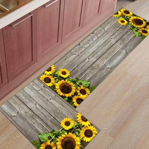 2Pcs/Set Sunflower Wood Plank Long Kitchen Mat Bath Carpet Floor Mat Home Entrance Doormat Bedroom Living Room Floor Mats Rug