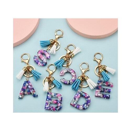 2021 Cute Creative Letter Alphabet Crystal Arylic Liquid Keychain For Women Key Chains Ring Car Bag Tassels Pendent Charm D587