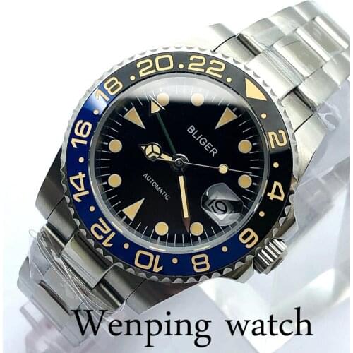 Bliger 40mm Mens Top Luxury Business Mechanical Watch Sapphire Glass Ceramic Bezel Black Dial Luminous Mens GMT Automatic Watch