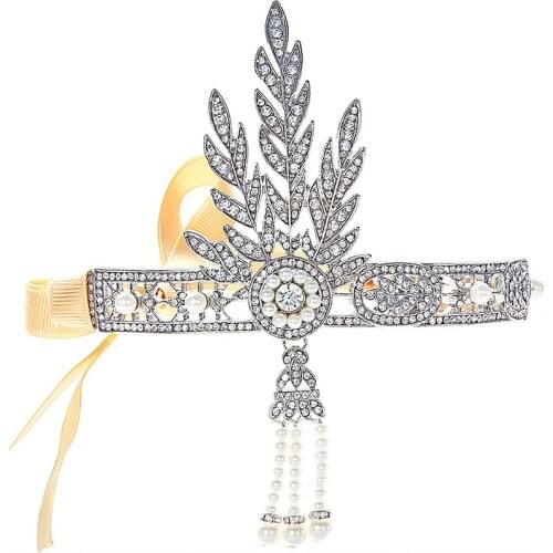 Bling Black-Tone The Great Gatsby Inspired Flapper Leaf Simulated Pearl Wedding Tiara Headpiece Black