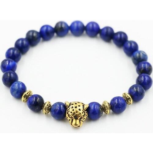 Beads Bracelet For Men Natural Stone Lapis Lazuli Bracelet Gold Leopard Head Men Bracelets For Women Male Jewelry bileklik