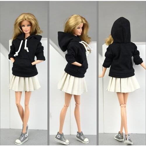 Black pullover coat and skirt jeans shorts outfit for 1/6 Xinyi Barbie FR2 OB Blythe doll / 30cm doll clothing sweater