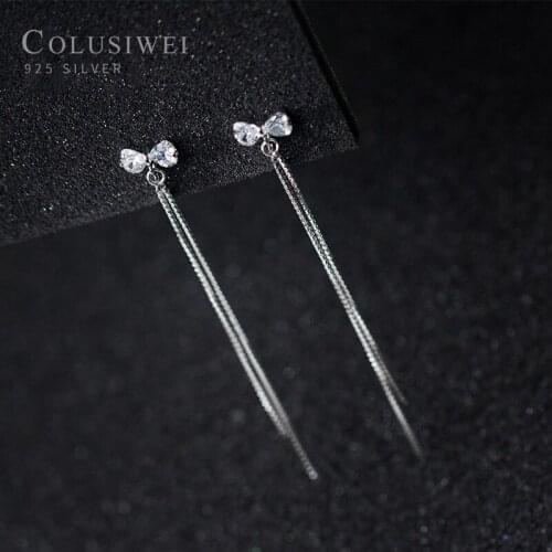 Colusiwei Real 925 Sterling Silver Sparkling CZ Bowknot Tassel Box Chain Clips Earring for Women Fine Jewelry Without Ear Hole