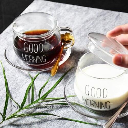 Good Morning Creative Glass Coffee Tea Drinks Dessert Breakfast Milk Cup Glass With Handle and Cover