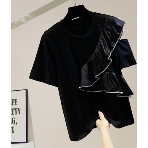 T Shirt Women Exquisite Rhinestone Chain Irregular Sweet Tridimensional Ruffled Patchwork Casual T-shirts Loose White Black