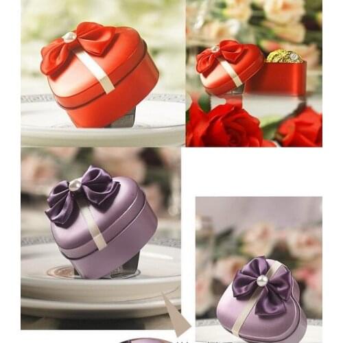 Classic wedding chocolate candy box heart shaped metal gift boxes jewelry tin boxes wedding favors holder with beatiful bowknot