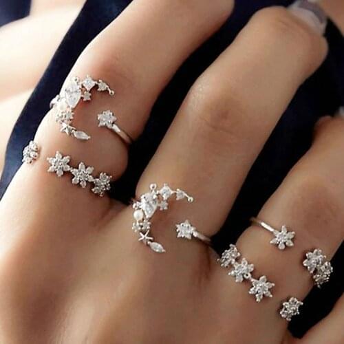 Crystal 5pcs Knuckle Rings Ring Retro Jewelry Set for Women Luxury Boho Vintage Punk Gift Witch Party Gothic Emo Fashion Moon