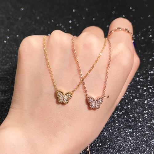 YUN RUO Rose Gold Color Micro Pave Zircon Stone Butterfly Pendant Necklace Titanium Steel Woman Jewelry Never Fade Drop Shipping