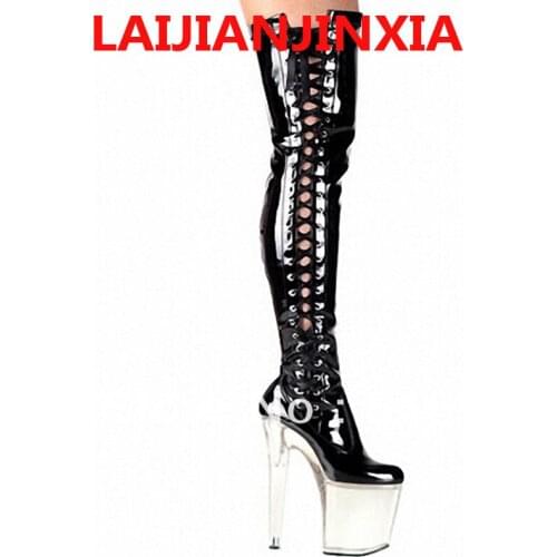 LAIJIANJINXIA 20cm High Heel Over The Knee Sexy Boots Soft PU Leather High Boots Sexy Shoes Clear Platform Pole Dance Shoes