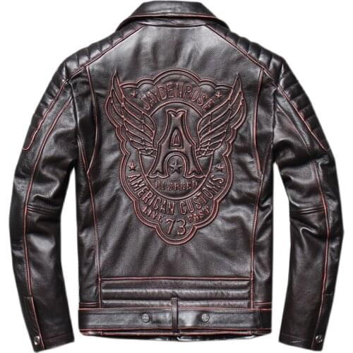 Genuine Cowhide Jacket Mens Motorcycle Leather Jacket 100% Cowhide Coat Motorcycle Jacket Skull Embroidery Mens Genuine Jacket