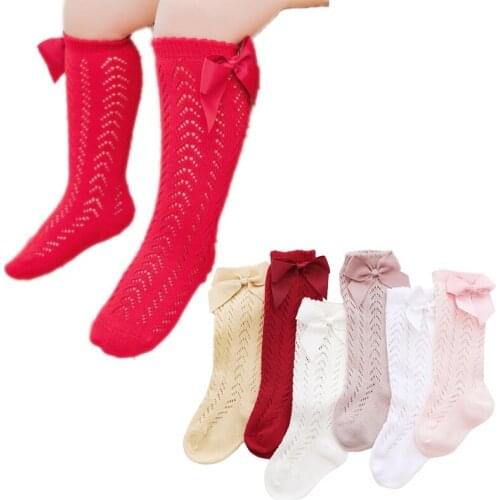 Sweet ribbon bowknot side design girls socks summer hollow lace kids knee high socks for party wedding leg warmers Christmas