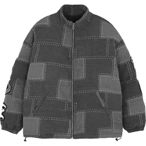 Hip Hop Parka Jackets Men Streetwear Plaid Printed Patch Decoration Block Padded Jacket 2021 Winter Harajuku Cotton Pul