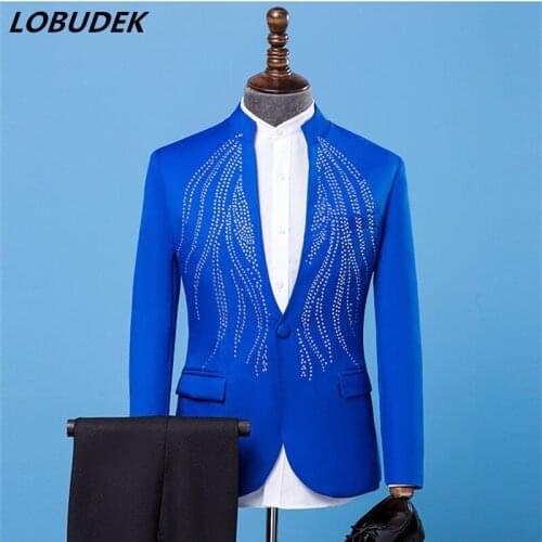 Jacket+pants) Formal Men Suits Blue Rhinestones Suit singer Chorus Prom Compere Master for Wedding Host performance Costumes
