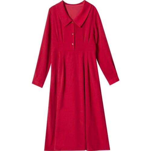 PERHAPS U Red Black Solid Turn Down Collar Shirt Dress Button Long Sleeve Full Sleeve Midi Dress Autumn D1702