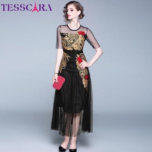 TESSCARA Women Luxury Embroidery Mesh Dress Festa Female Vintage Floral Designer Cocktail Vestidos High Quality Event Party Robe