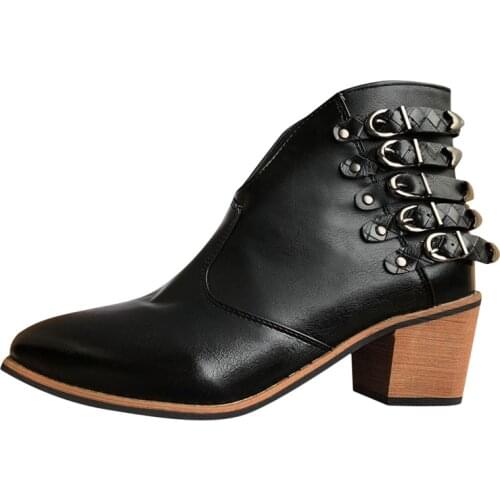 Casual Women Boots Autumn Pu Leather Fashion Chunky Heels Ankle Boots Pointed Toe Short Boot Buckle Strap Winter Boots Plus Siz