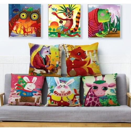 Cute Cartoon Hand Painted Animals Print Cushion Covers Beige Linen Pillow Covers Throw Pillows Cases Sofa Home Decor Pillowcase