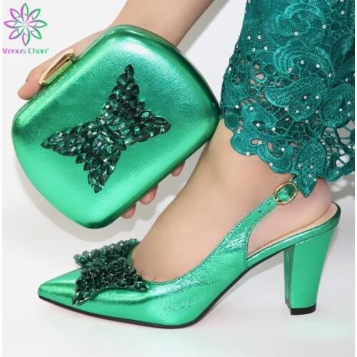 2019 Free shipping green color newest fashion African wedding shoes and bag matching set match lace dress