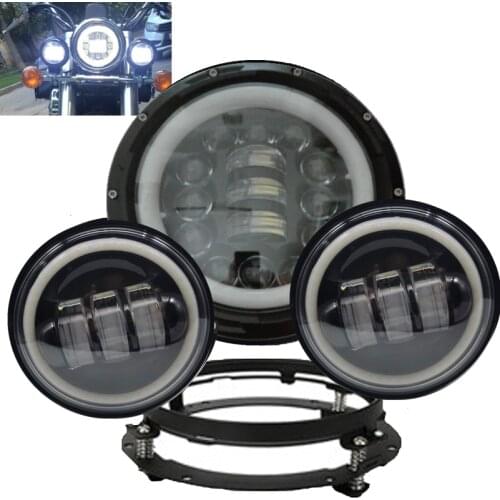 90W 7'' Halo LED Headlight 4.5'' Fog Light 7'' Bracket for Touring Road King Electra Glide Softail Road Glide Street Glide FLD