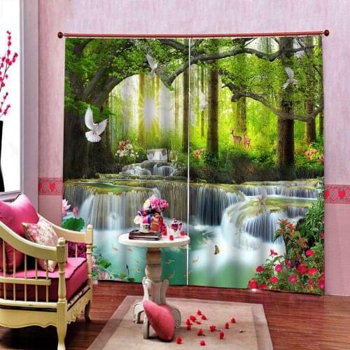 Forest waterfall Landscape Fabric Window Curtains For Living room bedroom Shower Curtain With Hooks Home Drapes