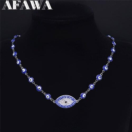 Turkey Eye Crystal Stainless Steel Muslim Islam Chocker Necklace Women Silver Color Necklaces Jewelry collier oeil N4881S02